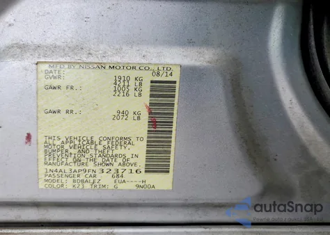 2015 Nissan Altima 2.5 from USA, damaged, VIN 1N4AL3AP9FN323716